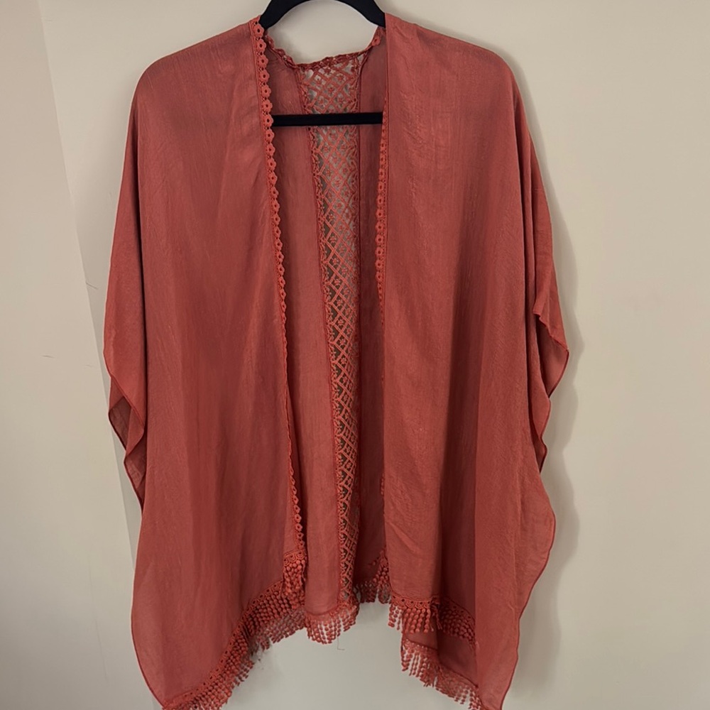 Rust Orange Kimono with Lace Trim